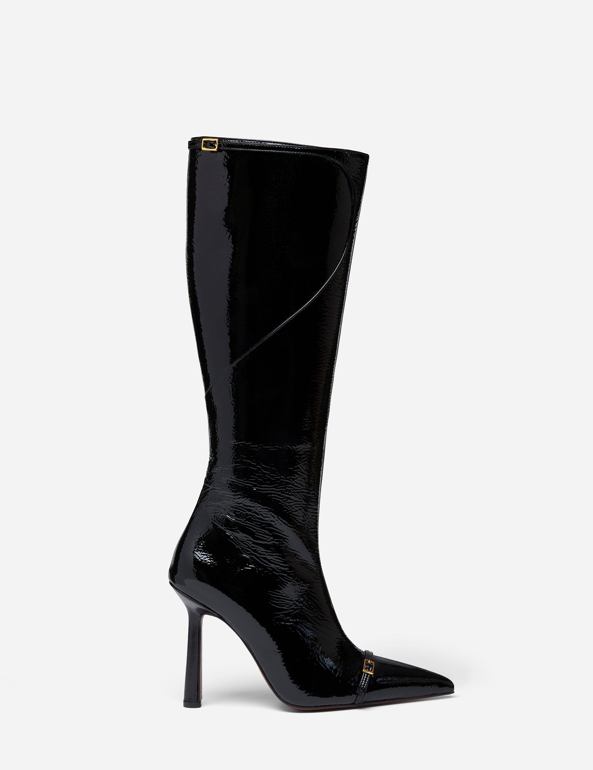 Knee High Pointy Toe Boots Black High Gloss