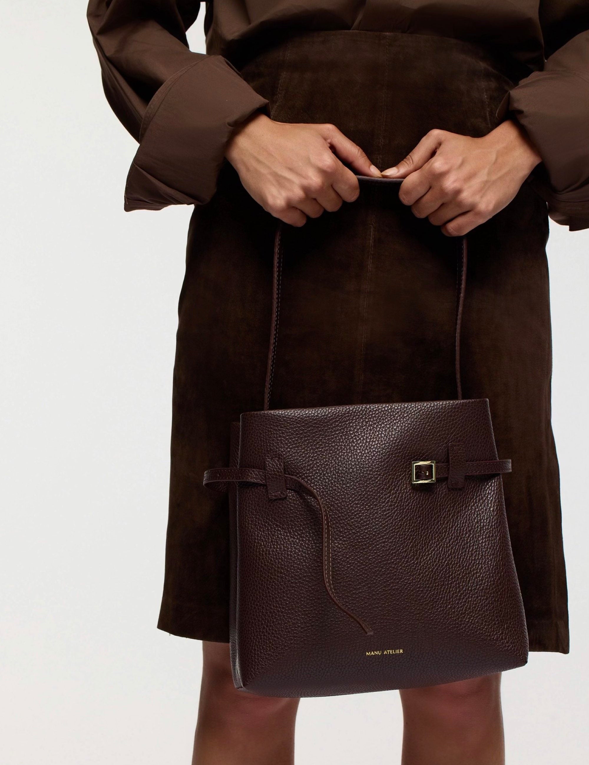 Mini Tote du Jour Deep Brown Calf Skin with a model